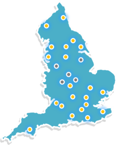 A map of England showing the location of Uni Connect partnerships' lead Higher Education Institutions. 25 partnerships are highlighted in yellow, indicating that they are HEAT users.