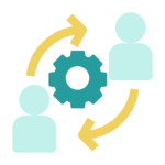 Graphic illustration of two figures sharing data, with a cog in the middle, representing the HEAT Delivery Report.