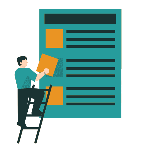 Graphic illustration of a figure climbing a ladder and reaching the next stage.