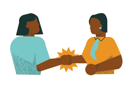 Graphic illustration of two figures shaking hands and collaborating together.