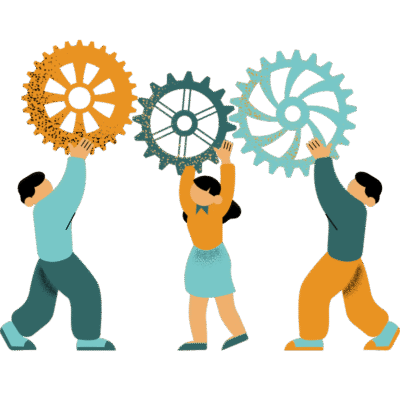 Three figures, each holding a cog above their heads.