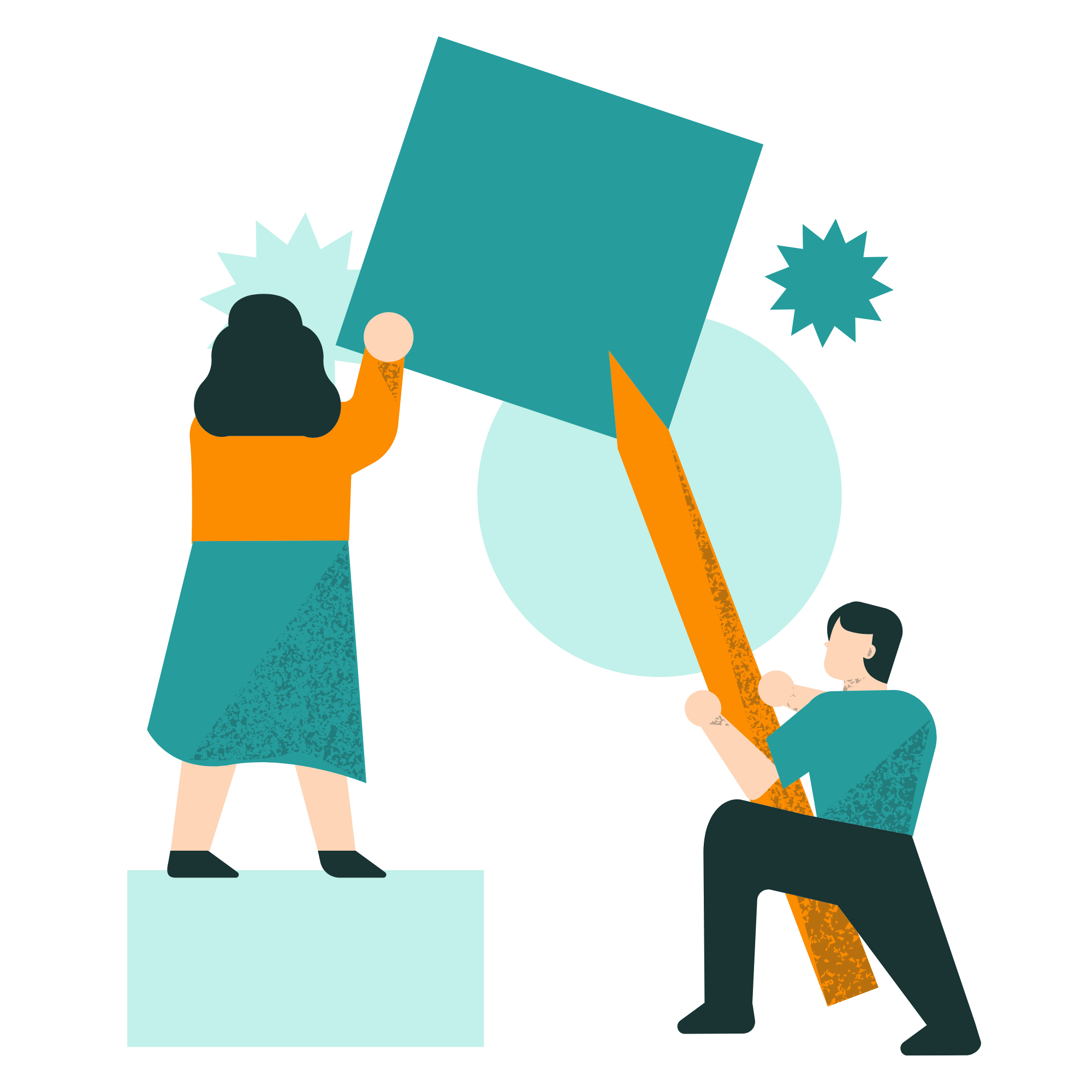 Two figures holding up shapes and designing together.